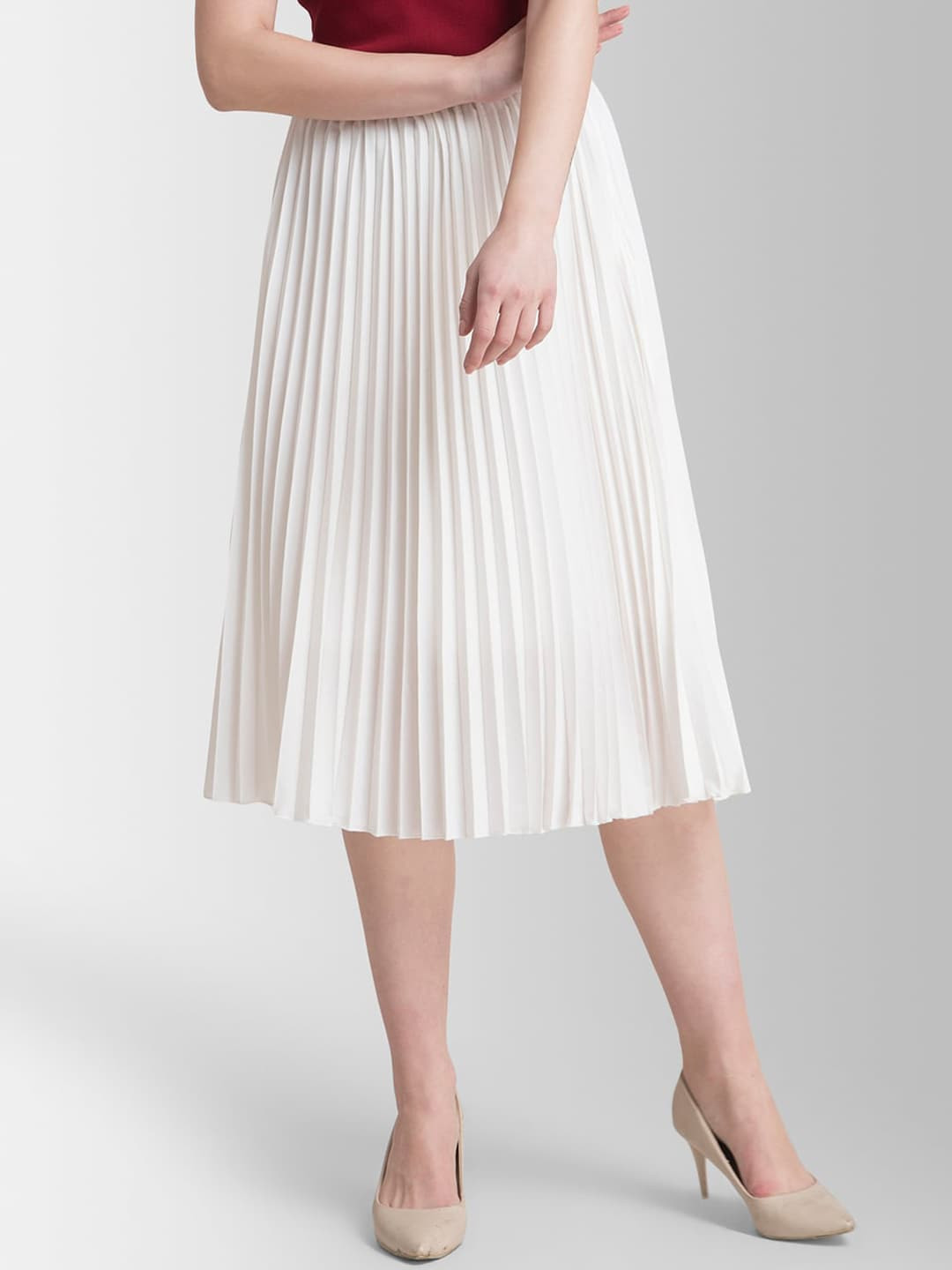 FableStreet White Accordion Pleated A-Line Midi Skirt