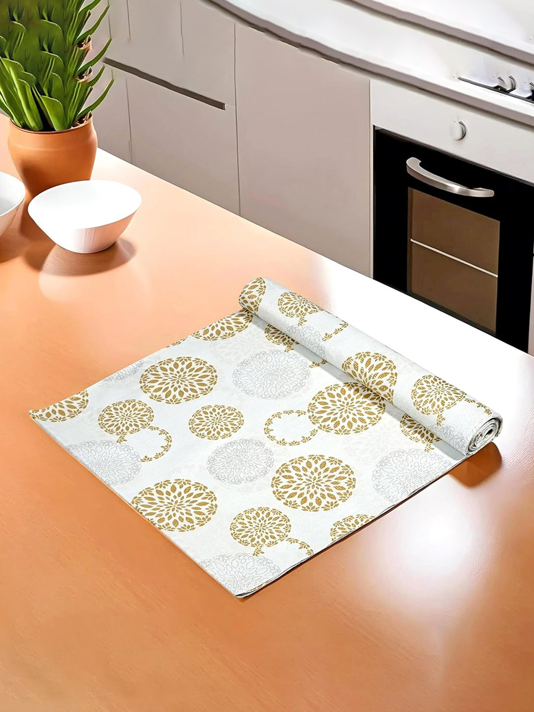 Kuber Industries White & Beige Printed PVC Water-Resistant Shelf Liner 5 m