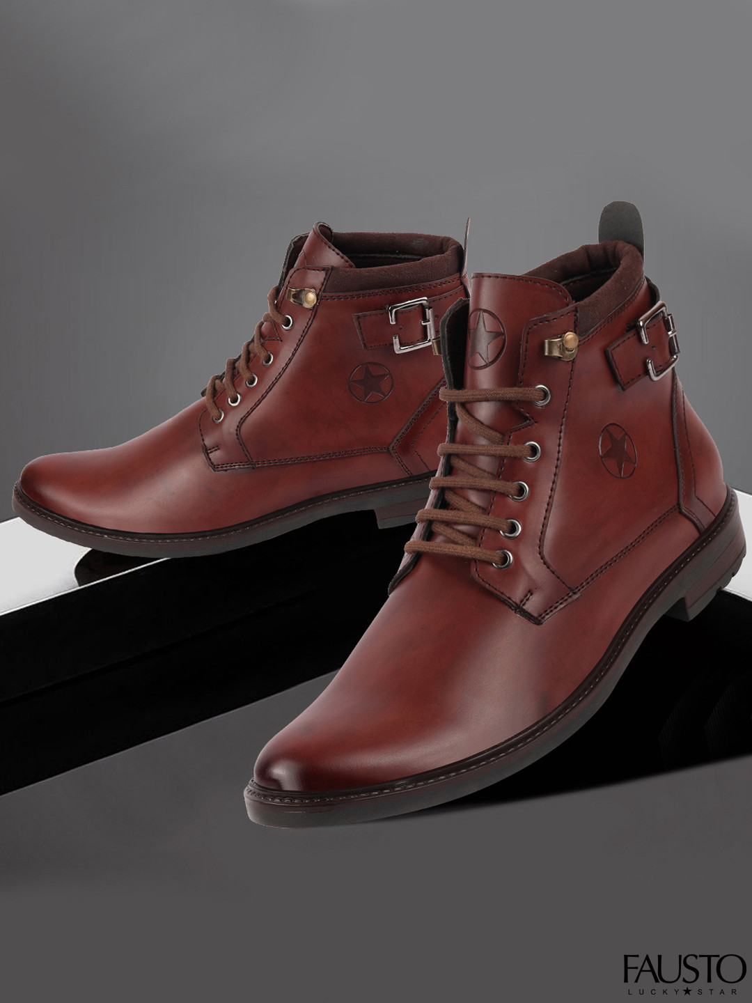 Fausto Men High Ankle Buckle Flat Boots