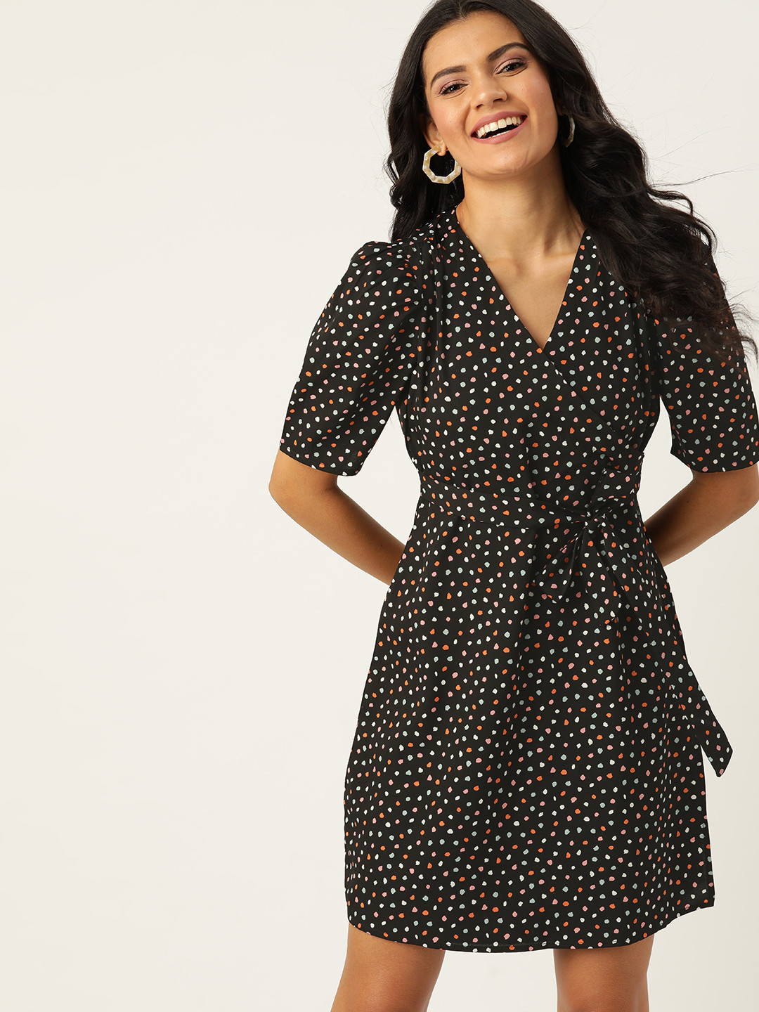 DressBerry Women Black & White Printed Wrap Belted Dress