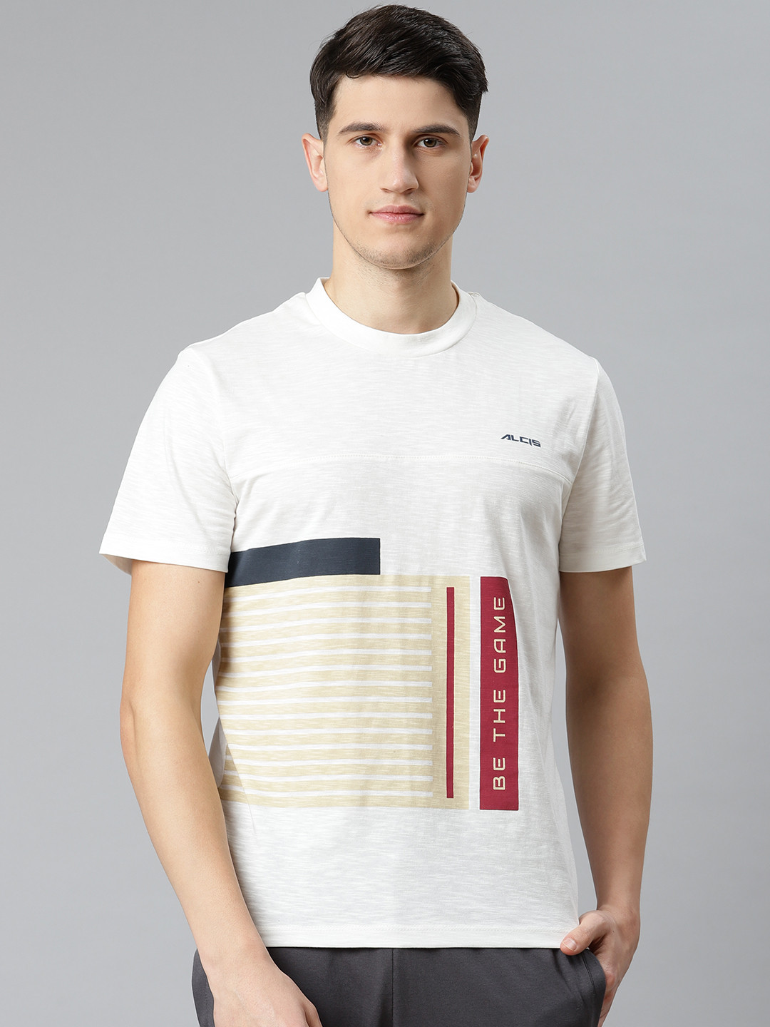 Alcis Men White & Beige Printed Slim Fit T-shirt