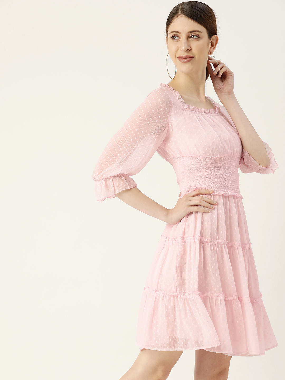 Antheaa Pink Self-Design Tiered Fit & Flare Dress