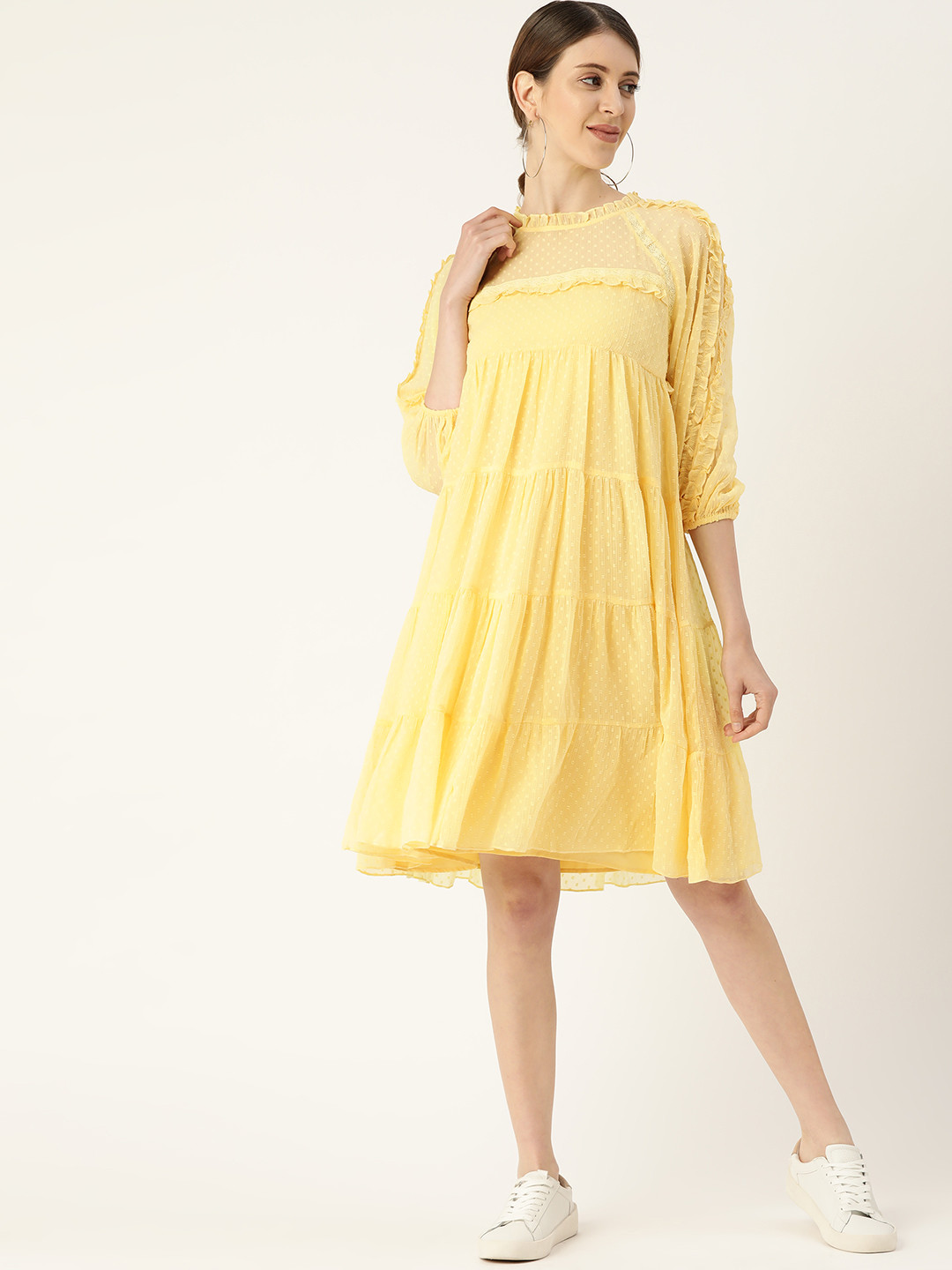 Antheaa Yellow Self Design A-Line Tiered Dress With Lace Inserts & Puff Sleeves