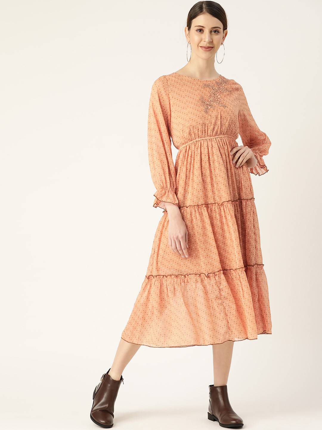 Antheaa Women Peach-Coloured & Brown Printed Fit and Flare Tiered Dress With Puff Sleeves