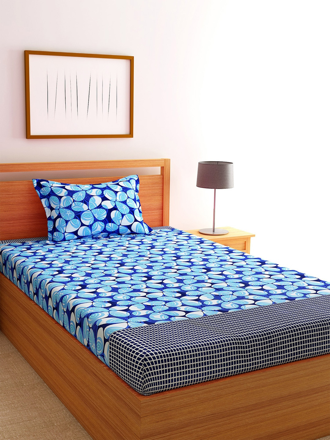 Florida Navy Blue Floral Polycotton Skin-Friendly 144 TC Single Bedsheet with a Pillow Cover-220 x 160 cm
