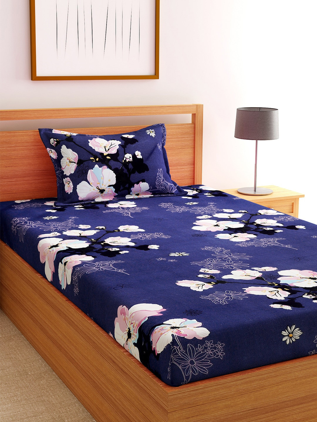 Florida Navy Blue & Pink Floral 144 TC Polycotton 1 Single Bedsheet with 1 Pillow Cover
