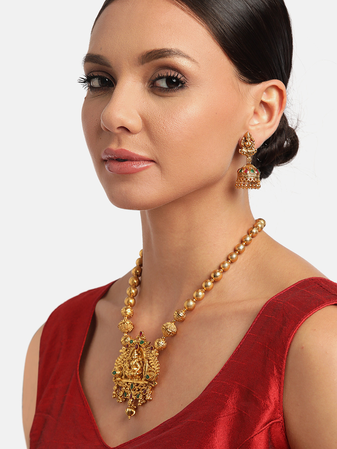 JEWELS GEHNA Women Green & Red Gold-Plated Stone Studded Handcrafted Temple Jewellery Set