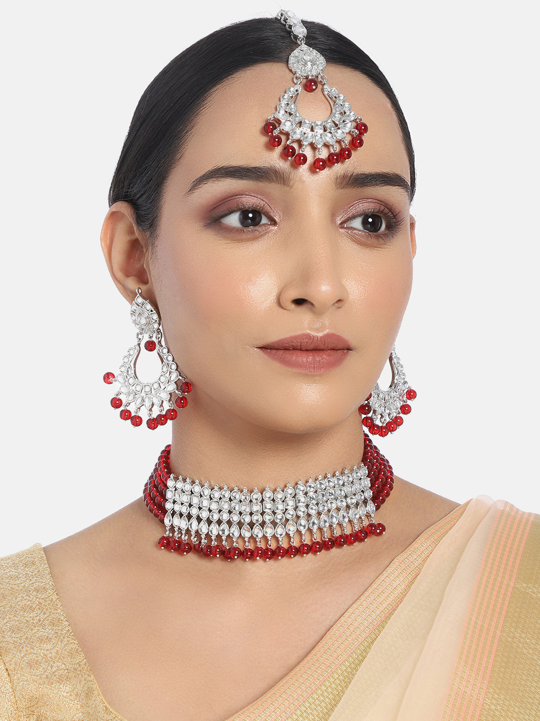 I Jewels Silver-Plated Maroon Kundan-Studded Beaded Jewellery Set