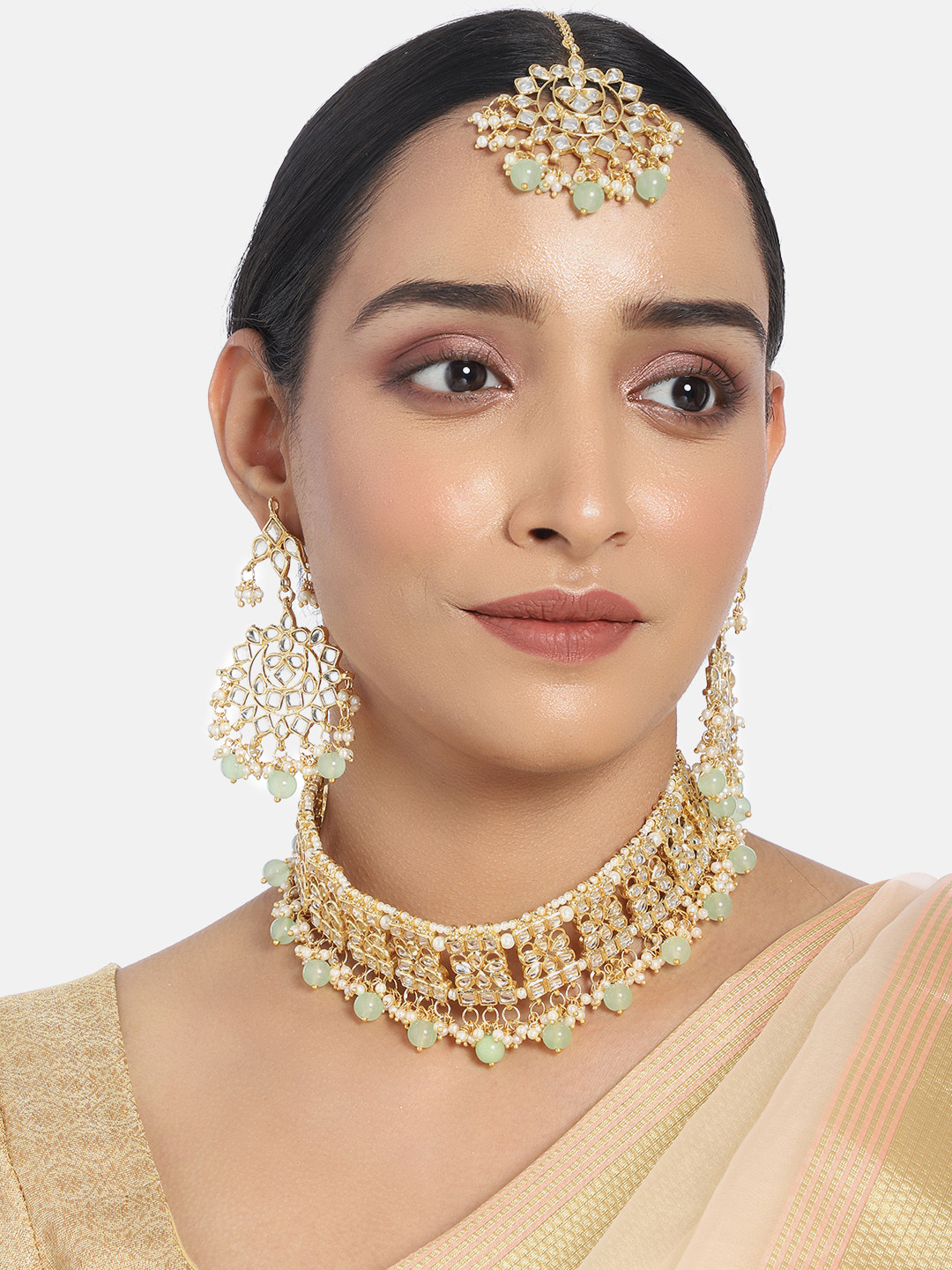 I Jewels Gold-Plated Sea Green Kundan-Studded Beaded Jewellery Set