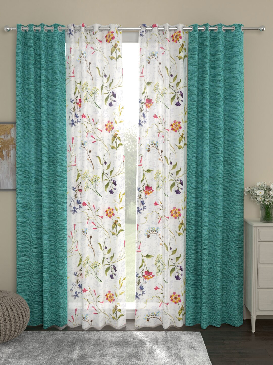 ROSARA HOME Sea Green & Transparent Set of 4 Regular and Sheer Long Door Curtains