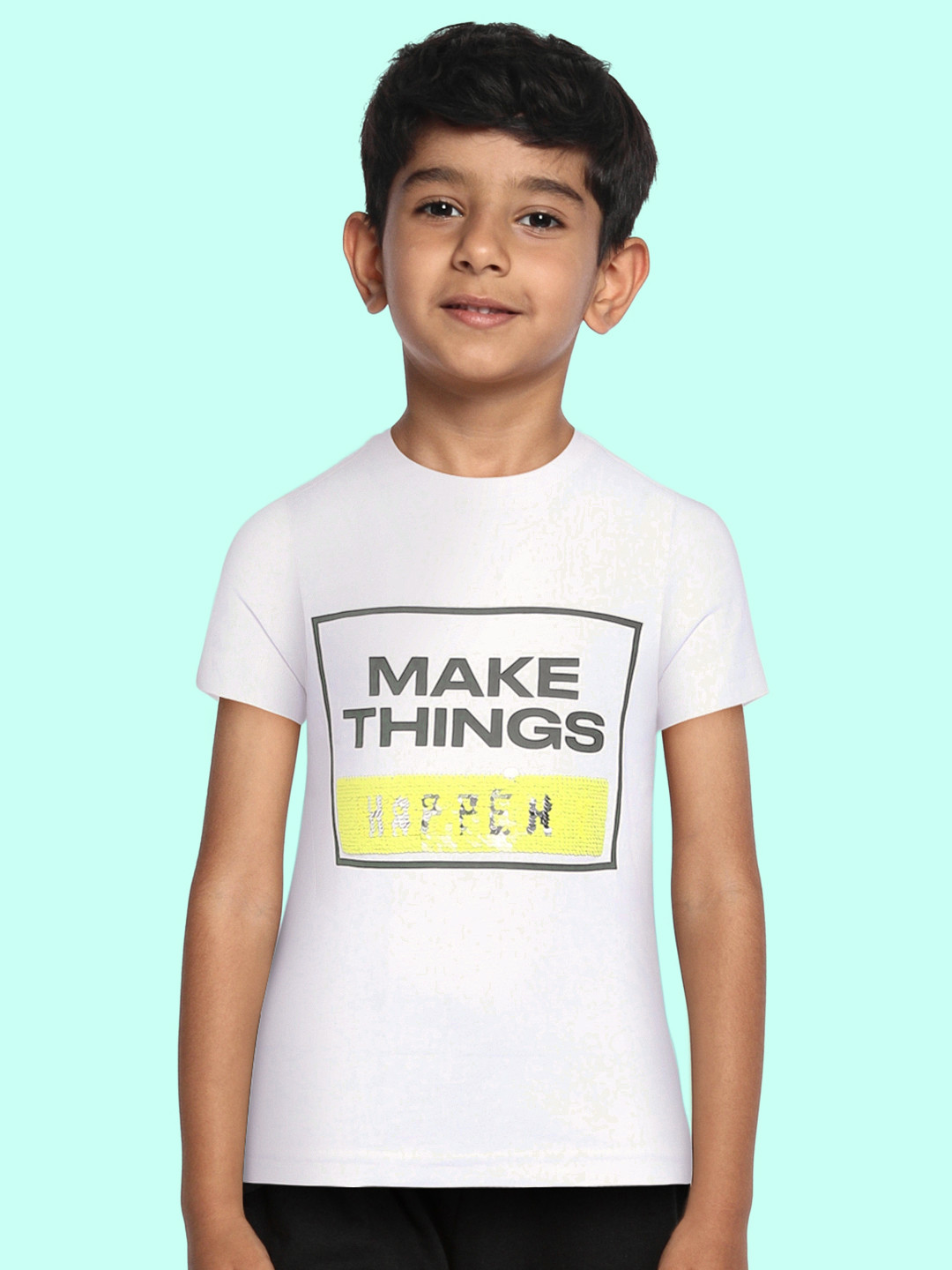 mothercare Boys Off-White & Olive Green Cotton Printed Round Neck T-shirt with Flip Sequin