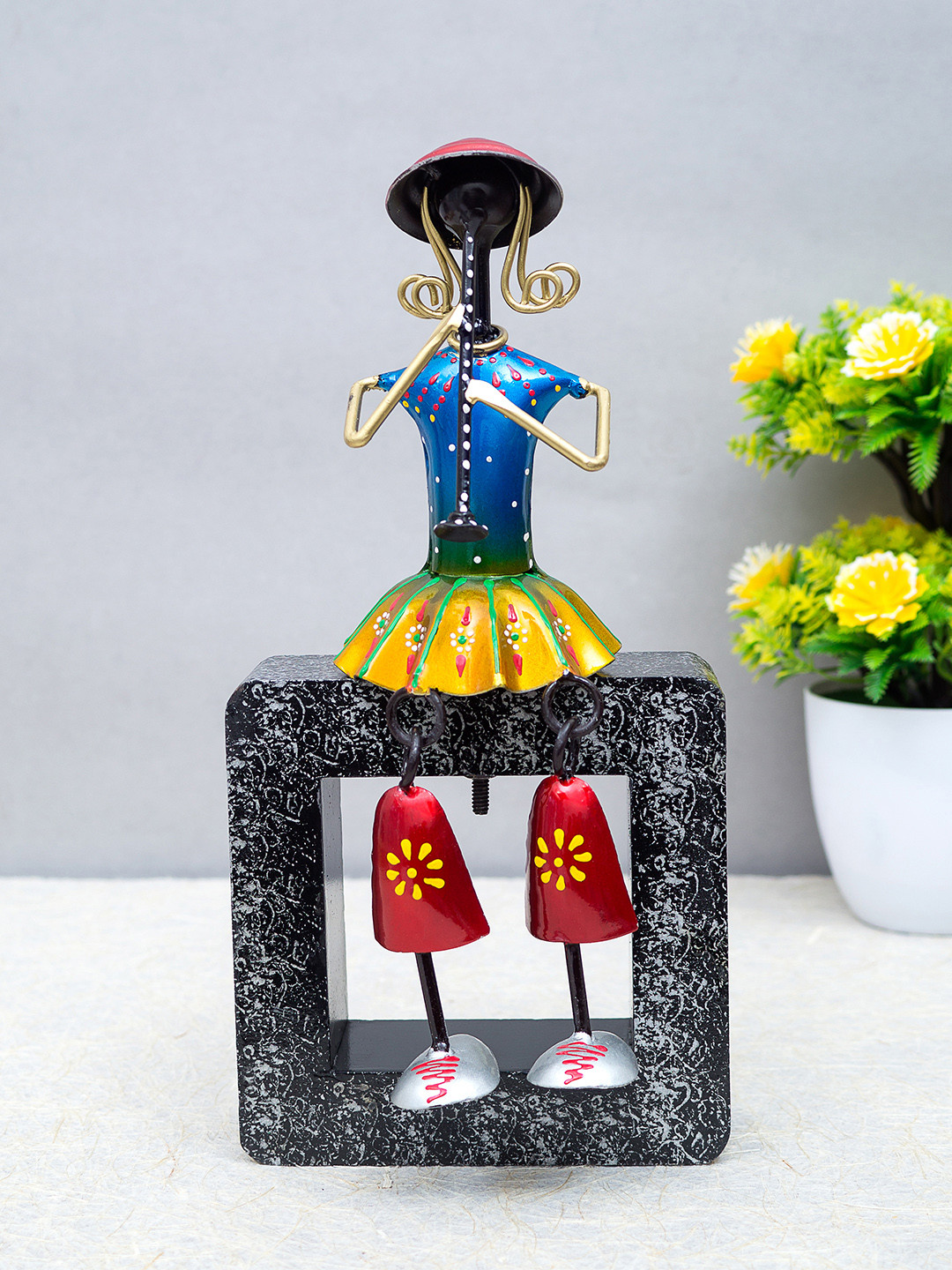 Golden Peacock Doll Playing Shehnai Musical instruments Black Iron Metallic Living Room Hand-Crafted Medium Showpiece - 10.6 Inches