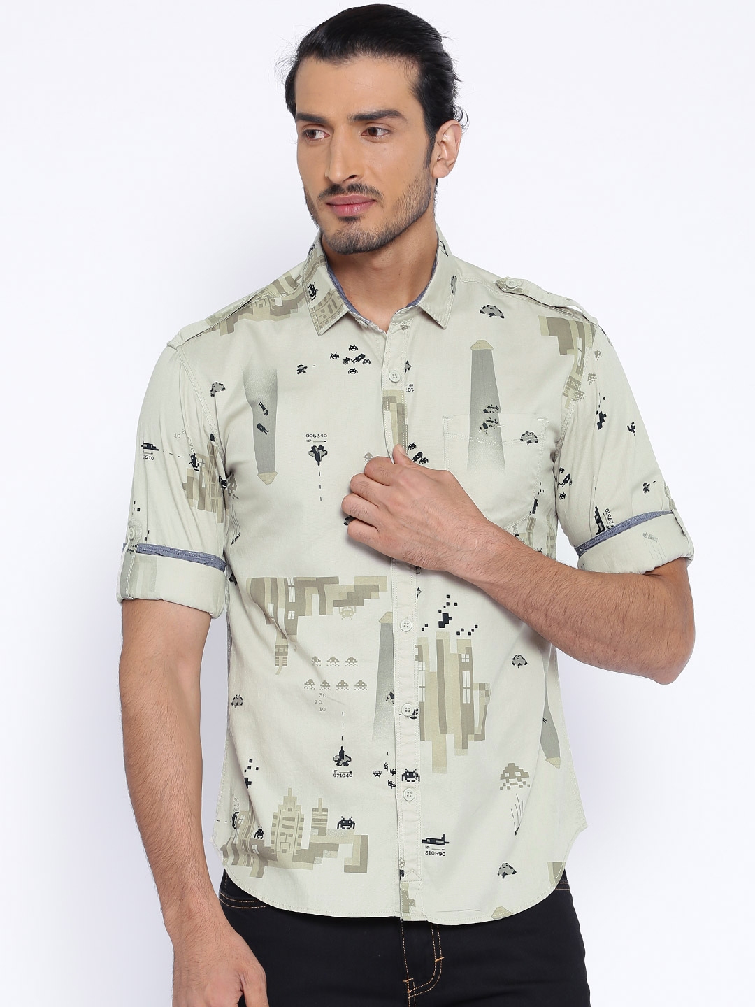 Locomotive Light Olive Green Printed Casual Shirt