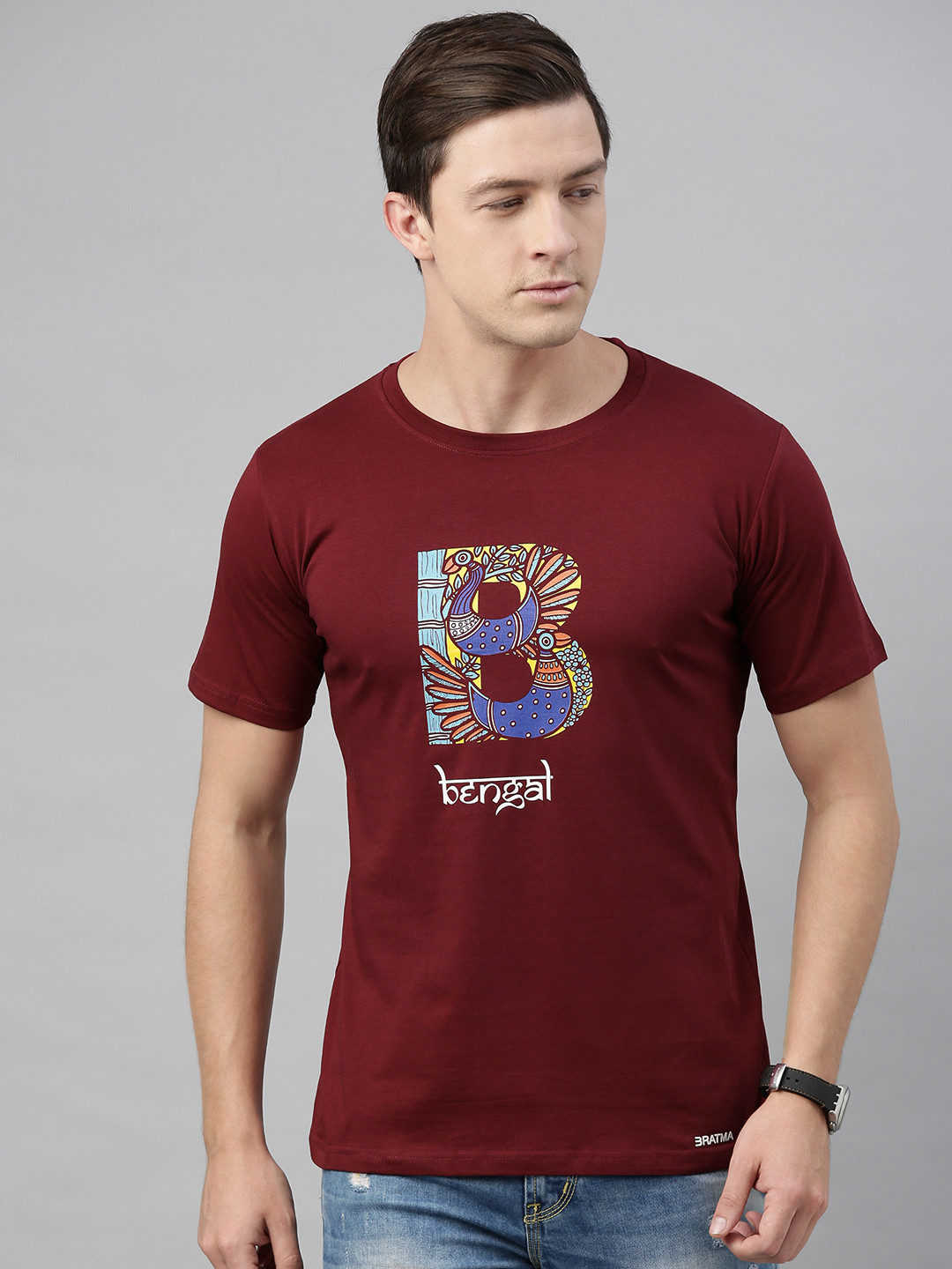 BRATMA Men Maroon MADHUBANI BENGAL Printed Round Neck T-shirt