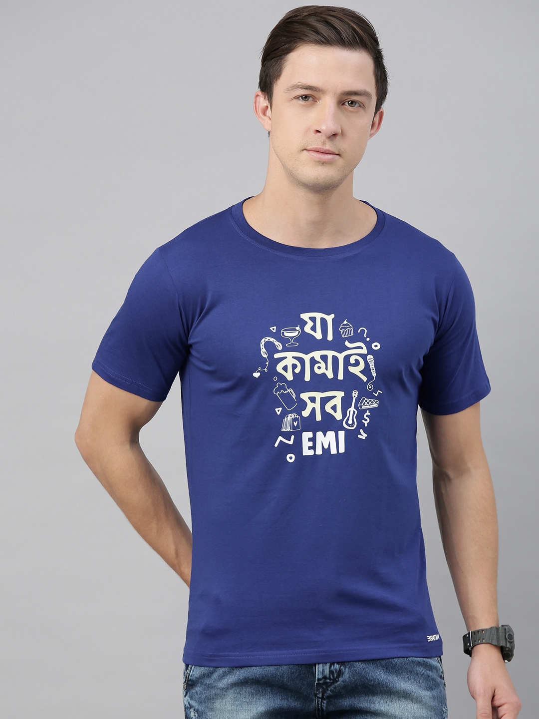 BRATMA Men Blue JA KAMAI SHOB EMI BENGALI Printed Round Neck T-shirt