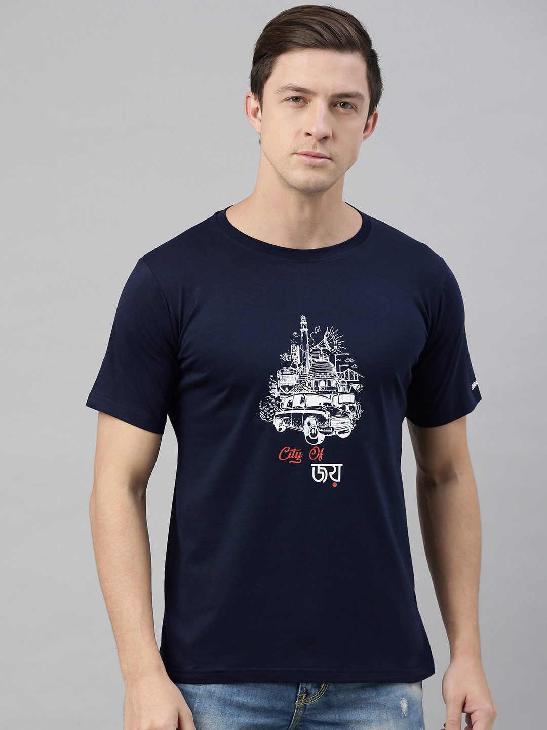 BRATMA Men Navy Blue Printed Round Neck T-shirt
