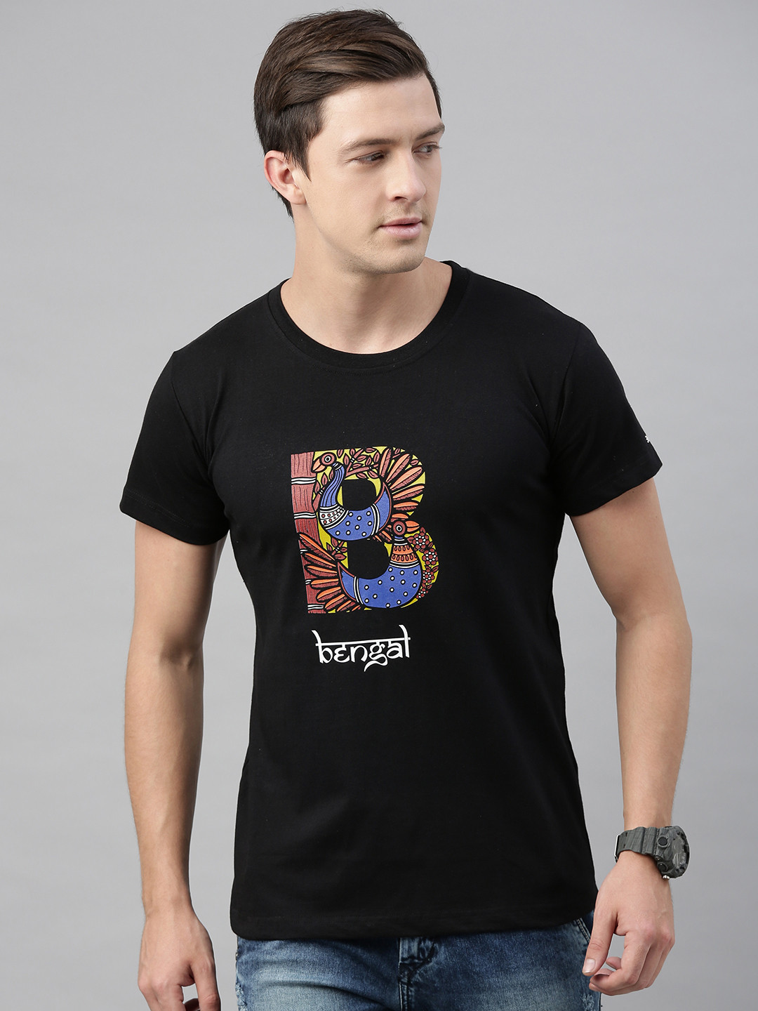BRATMA Men Black MADHUBANI Printed Round Neck T-shirt