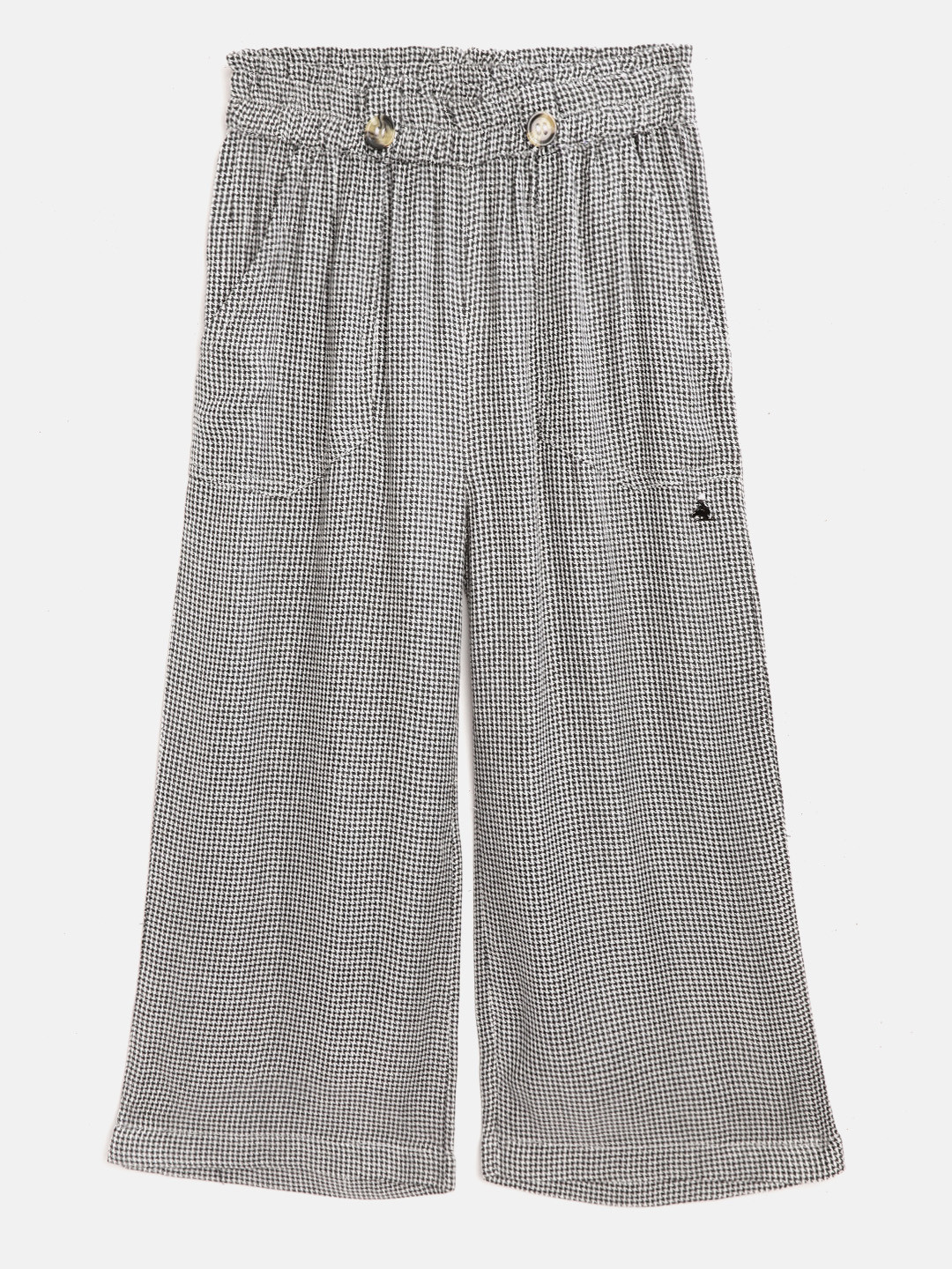Cherry Crumble Girls White & Black Cotton Loose Fit Houndstooth Patterned Parallel Trouser