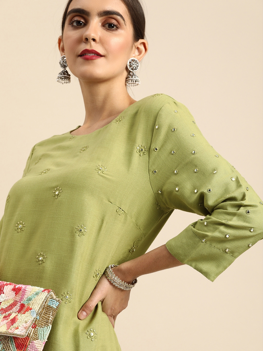 Anouk Women Green Embroidered Kurta With Trousers With Mirror Work - Kurta Sets for Women 13789756 | Myntra