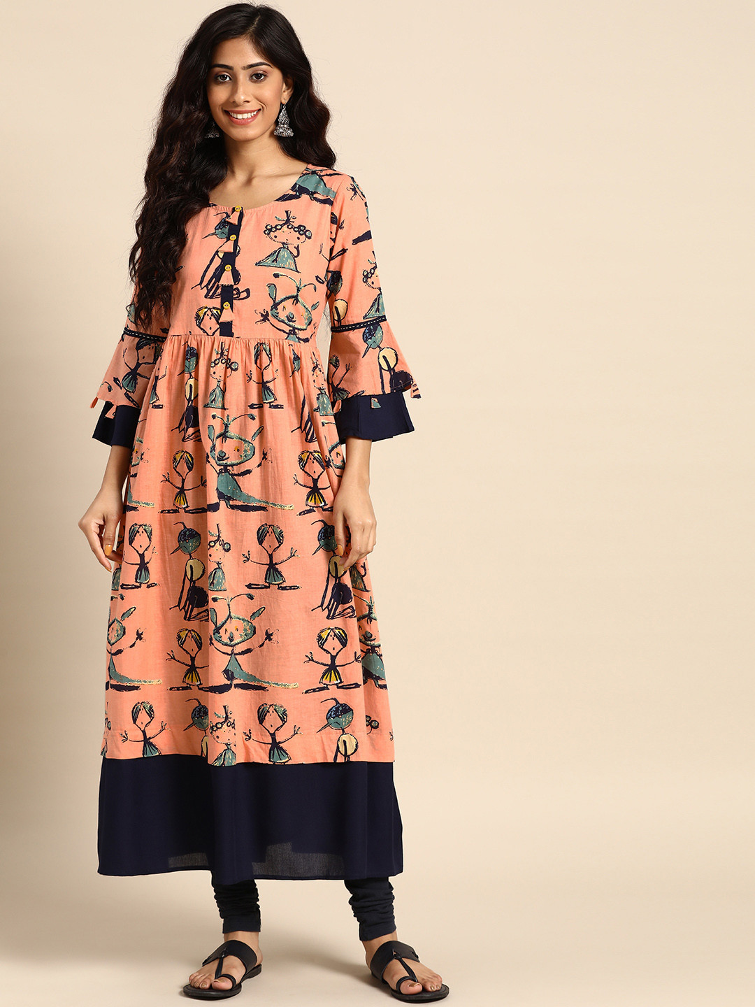 Rangmayee Women Peach-coloured & Navy Blue Tribal Printed Bell Sleeves Kurta