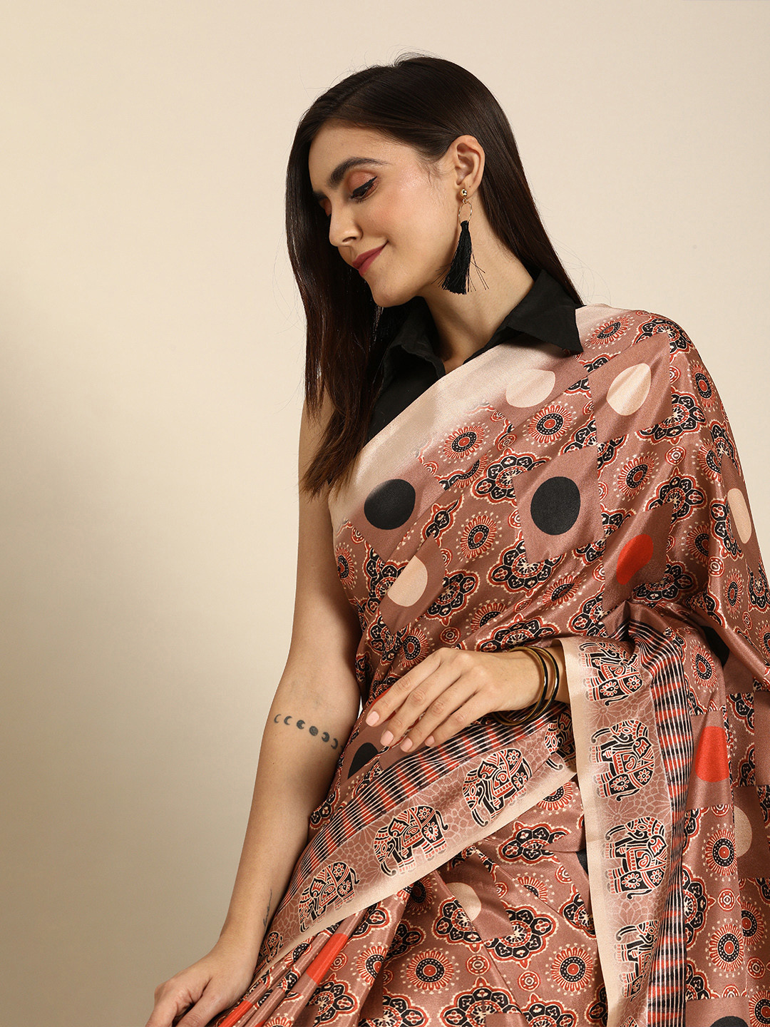 Anouk Rust & Red Poly Silk Printed Chanderi Saree