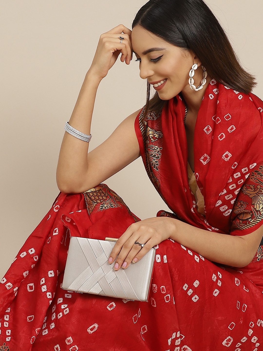 Anouk Maroon White Bandhani Art Silk Bandhani Saree