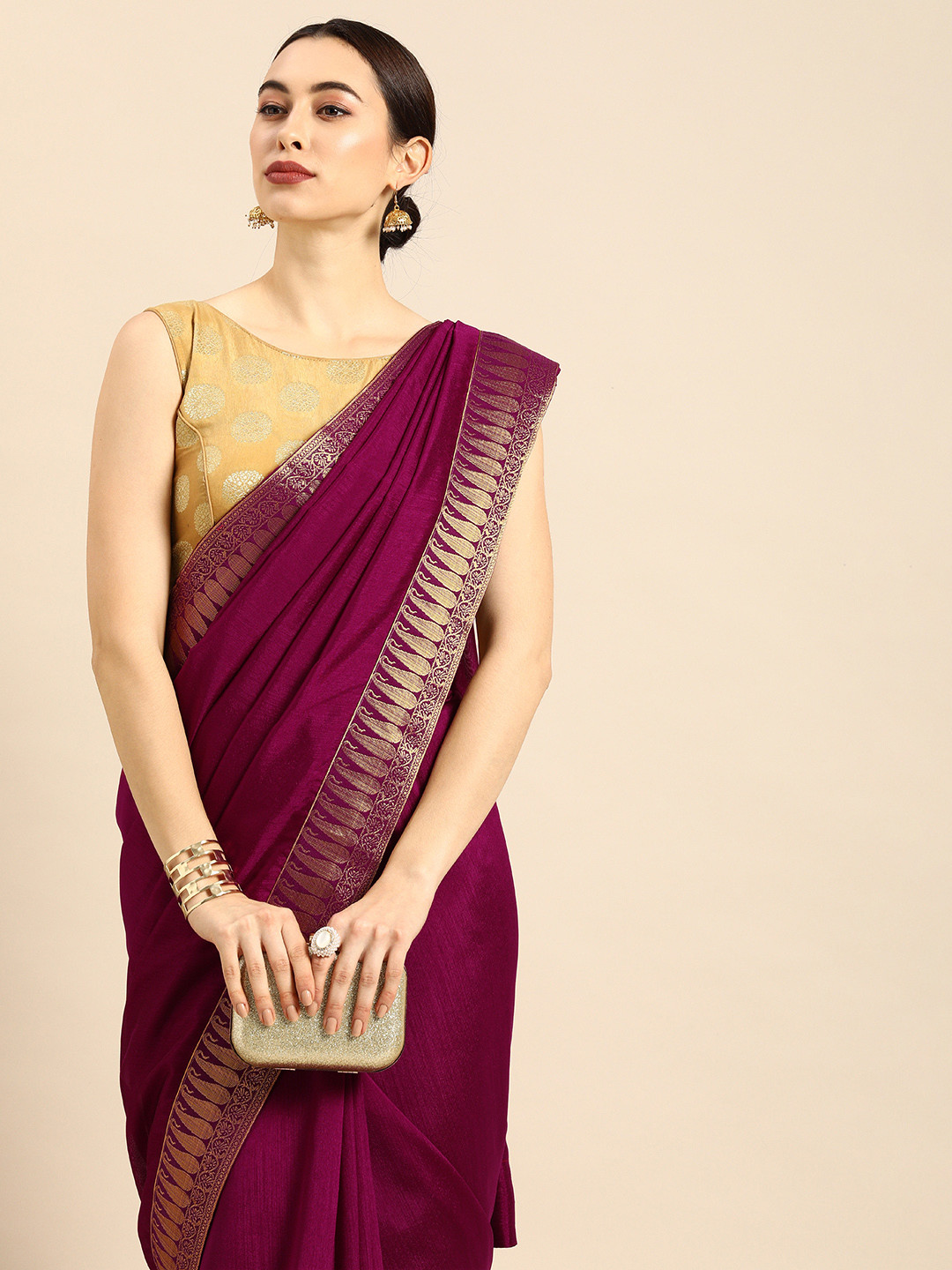 Anouk Purple Cotton Blend Solid Banarasi Saree