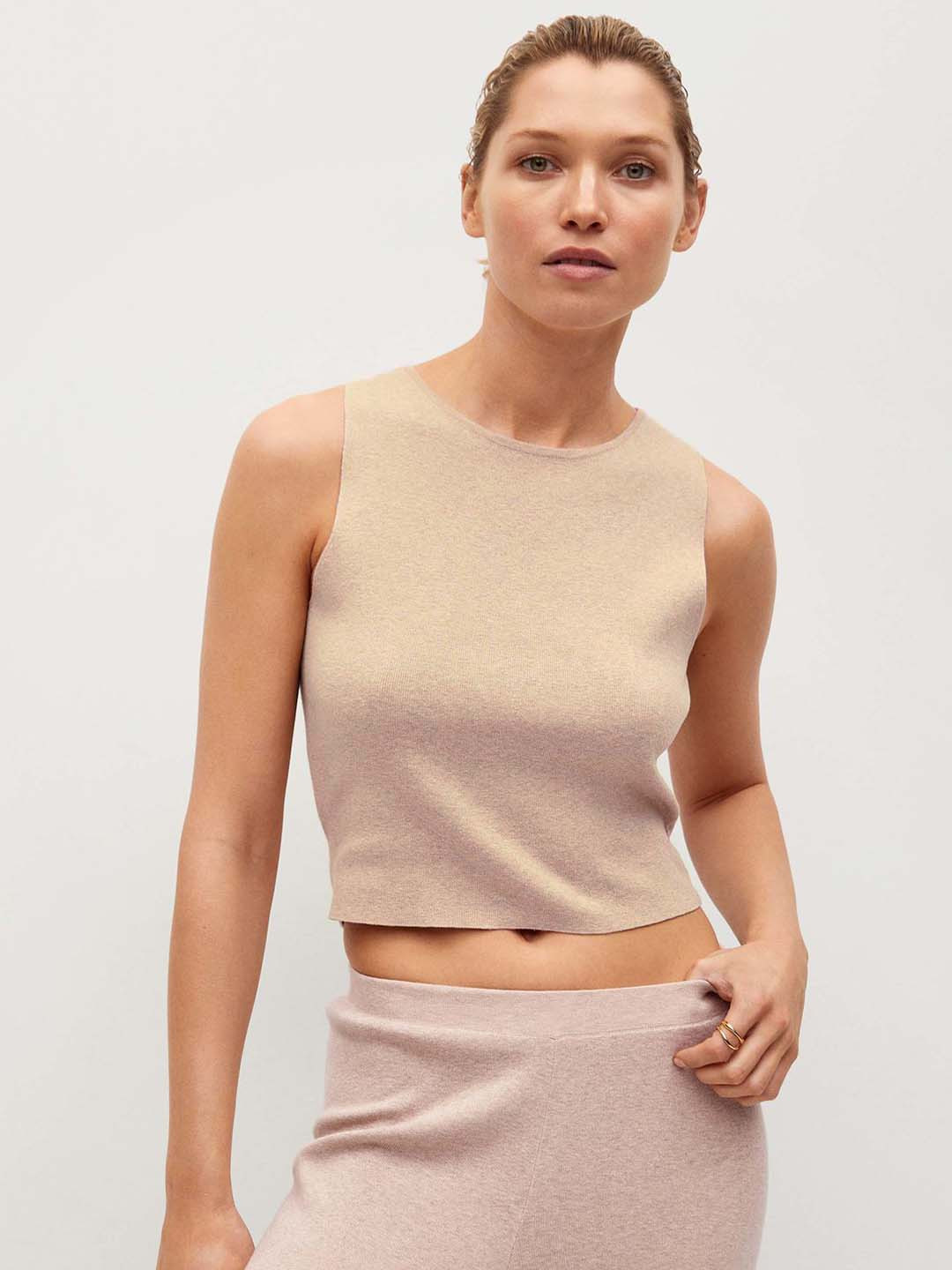 Mango Beige Pure Cotton Solid Fitted Crop Top