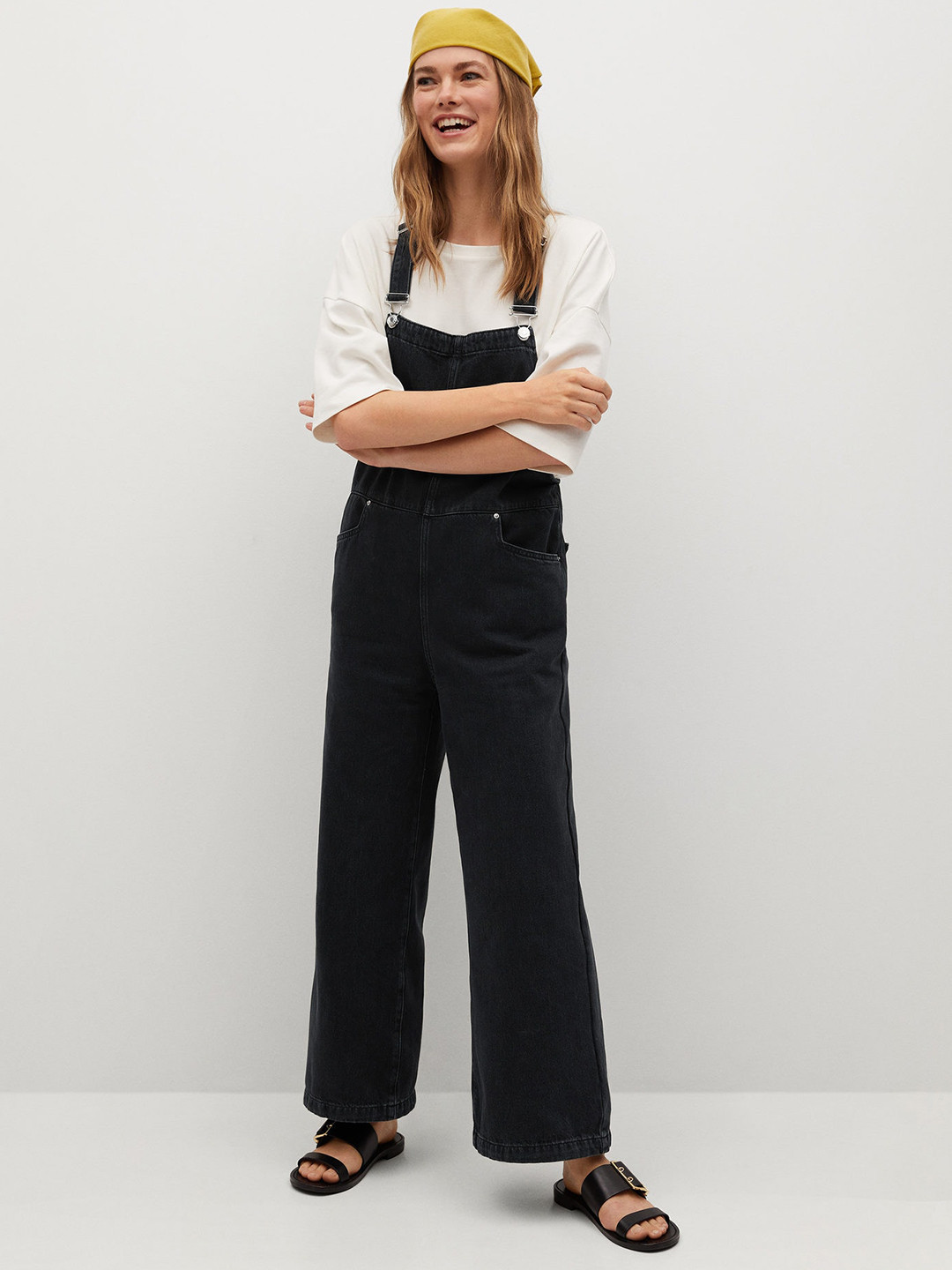 MANGO Women Black Pure Cotton Eco-Wash Sustainable Solid Denim Dungarees