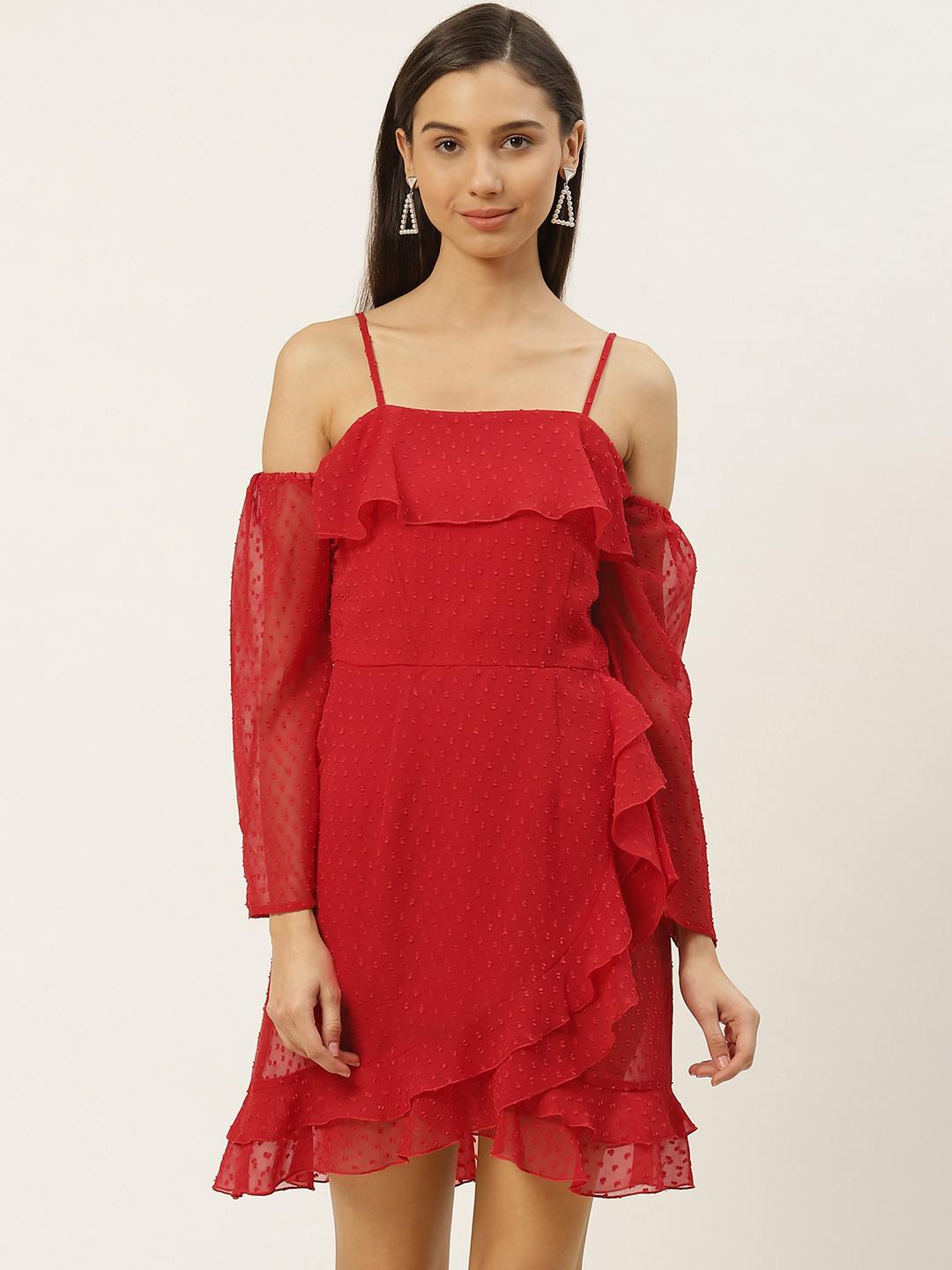 DODO & MOA Women Red Solid Ruffled A-Line Semi Sheer Dress With Cold-Shoulder Sleeve