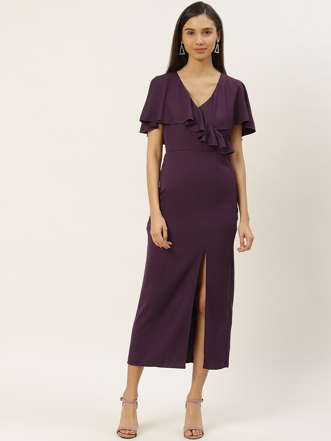 DODO & MOA Women Aubergine Solid Ruffled Sheath Dress With Flared Sleeves