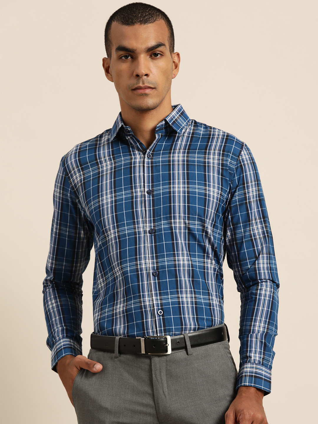 SOJANYA Men Blue & Black Tartan Checked Classic Fit Cotton Formal Shirt
