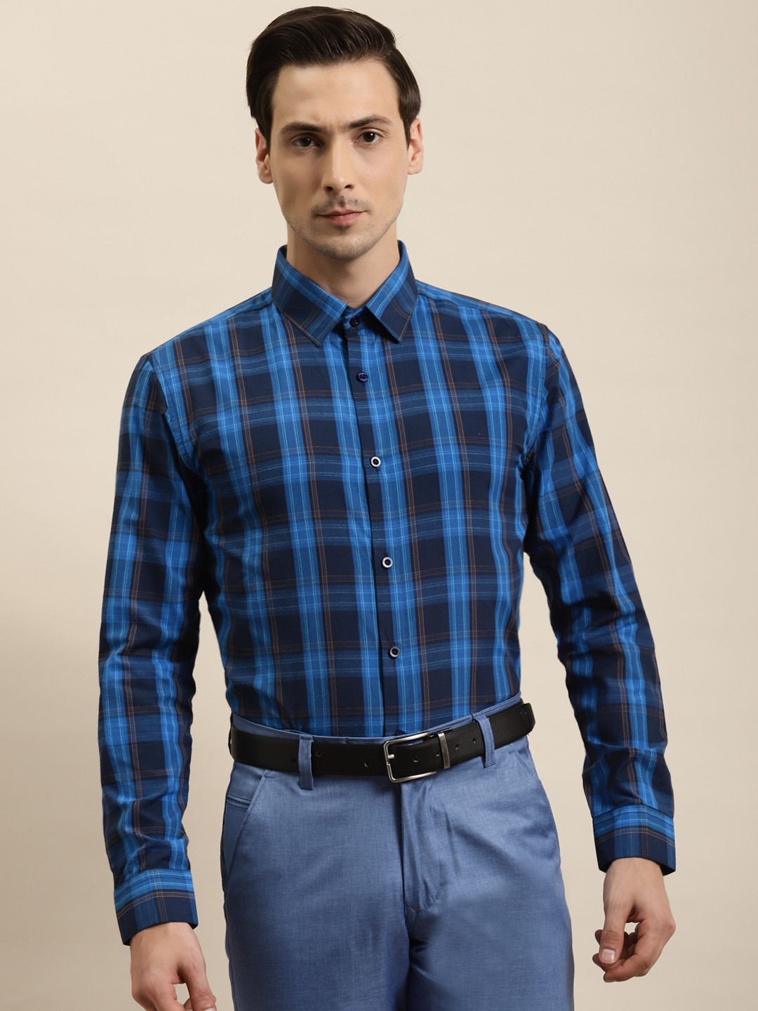 SOJANYA Men Blue & Yellow Tartan Checked Regular Fit Cotton Formal Shirt