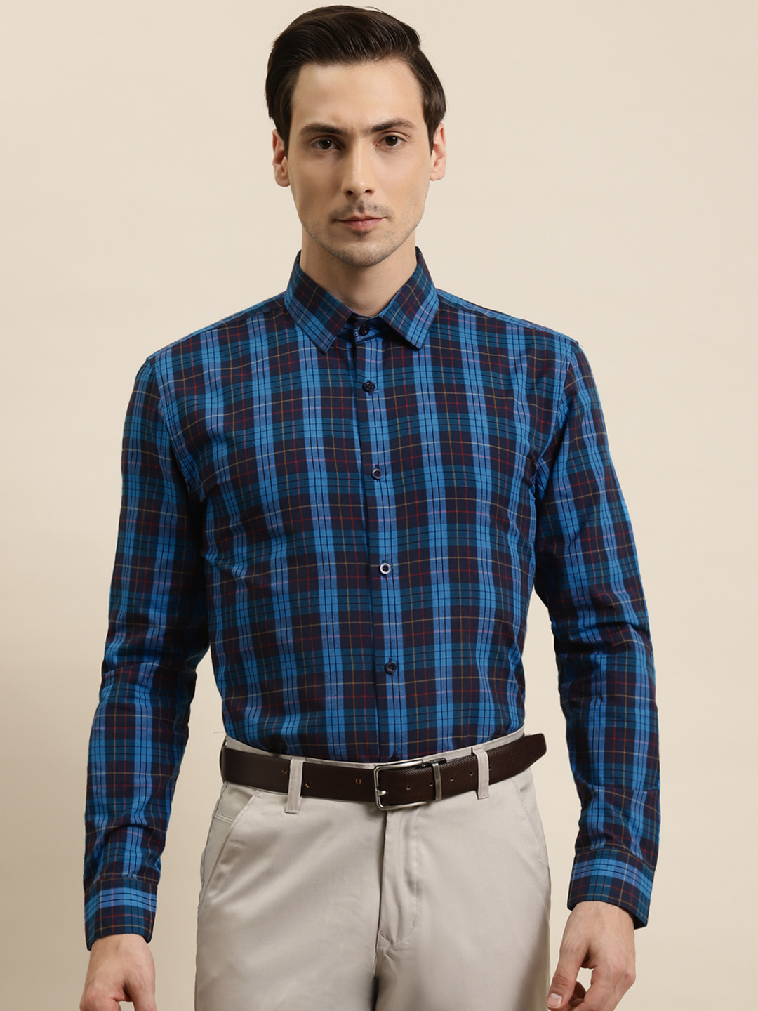 SOJANYA Men Blue & Red Tartan Checked Regular Fit Cotton Formal Shirt