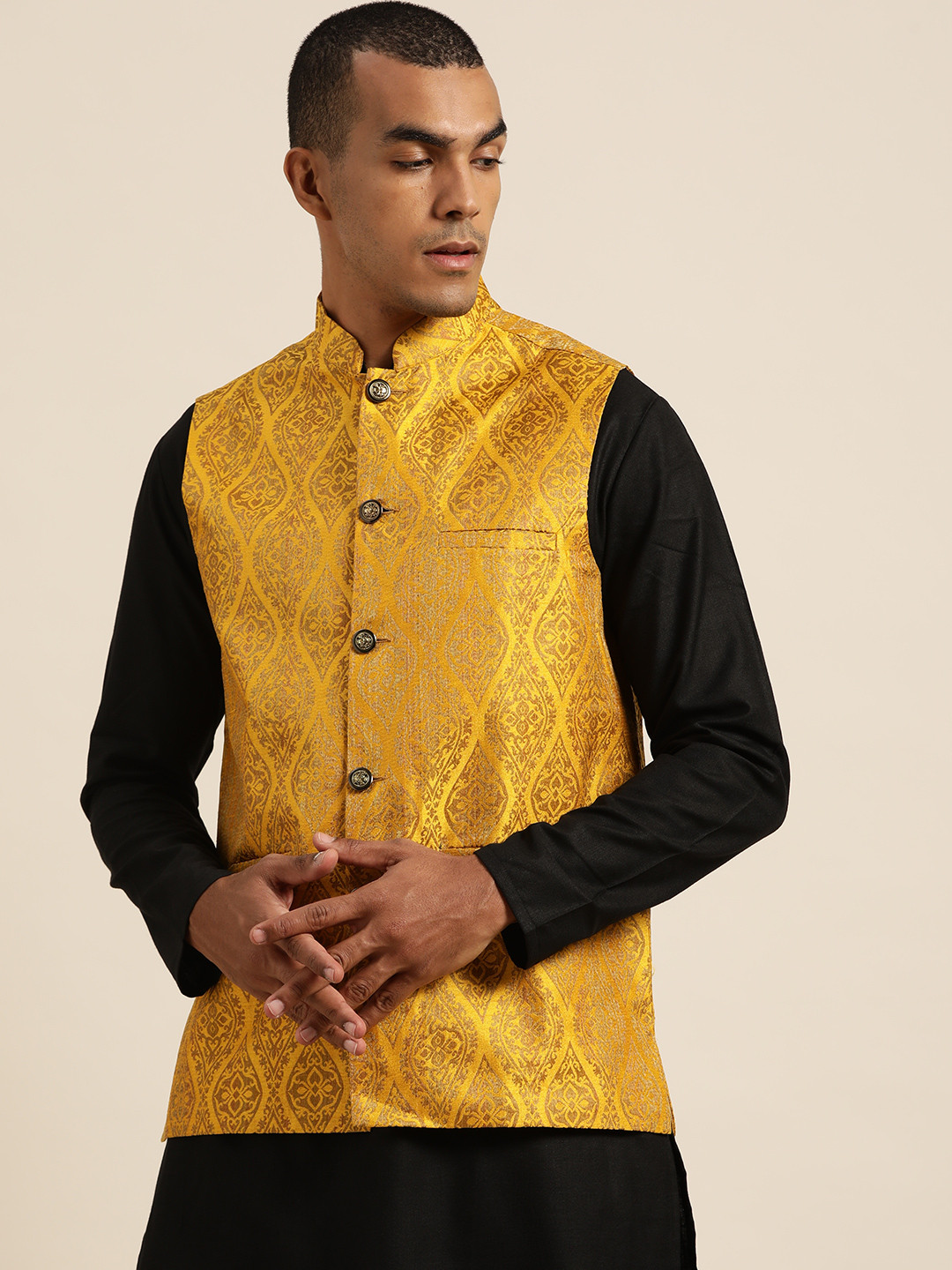 SOJANYA Men Mustard Yellow & Golden Woven Design Jacquard Silk Nehru Jacket