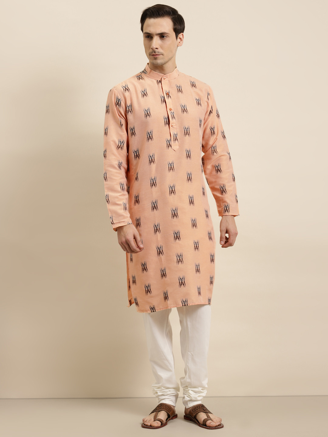 SOJANYA Men Peach-Coloured & Black Ikat Woven Design Pure Cotton Kurta with Churidar