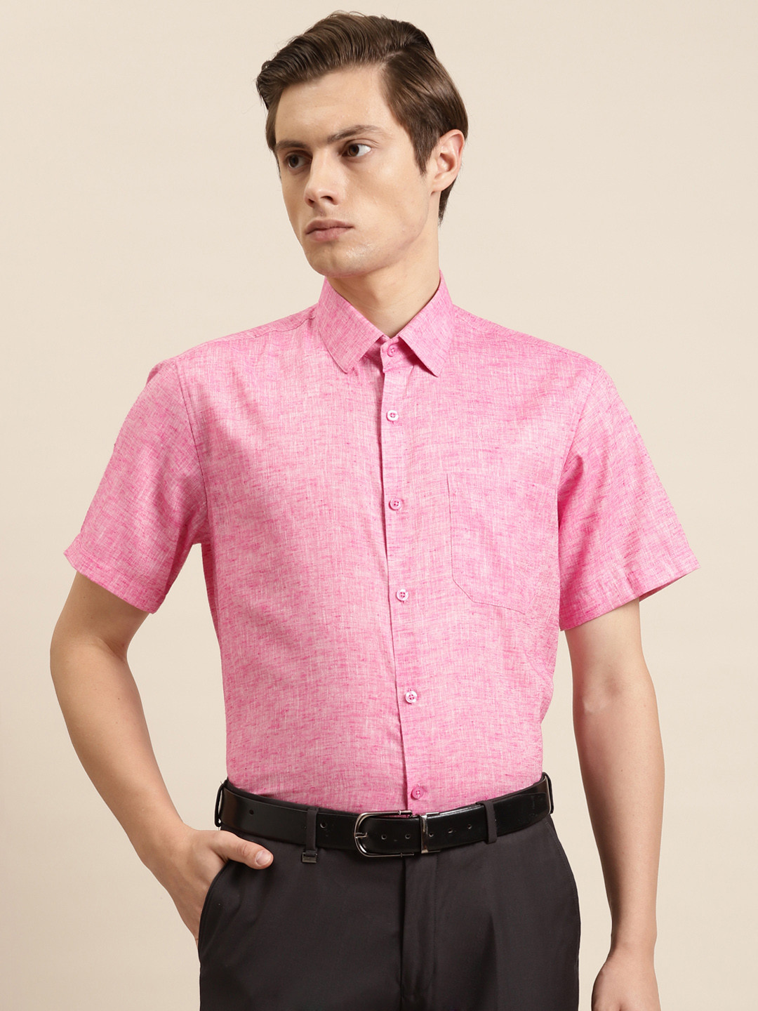 SOJANYA Men Pink Classic  Solid Slub Effect Regular Fit Formal Shirt