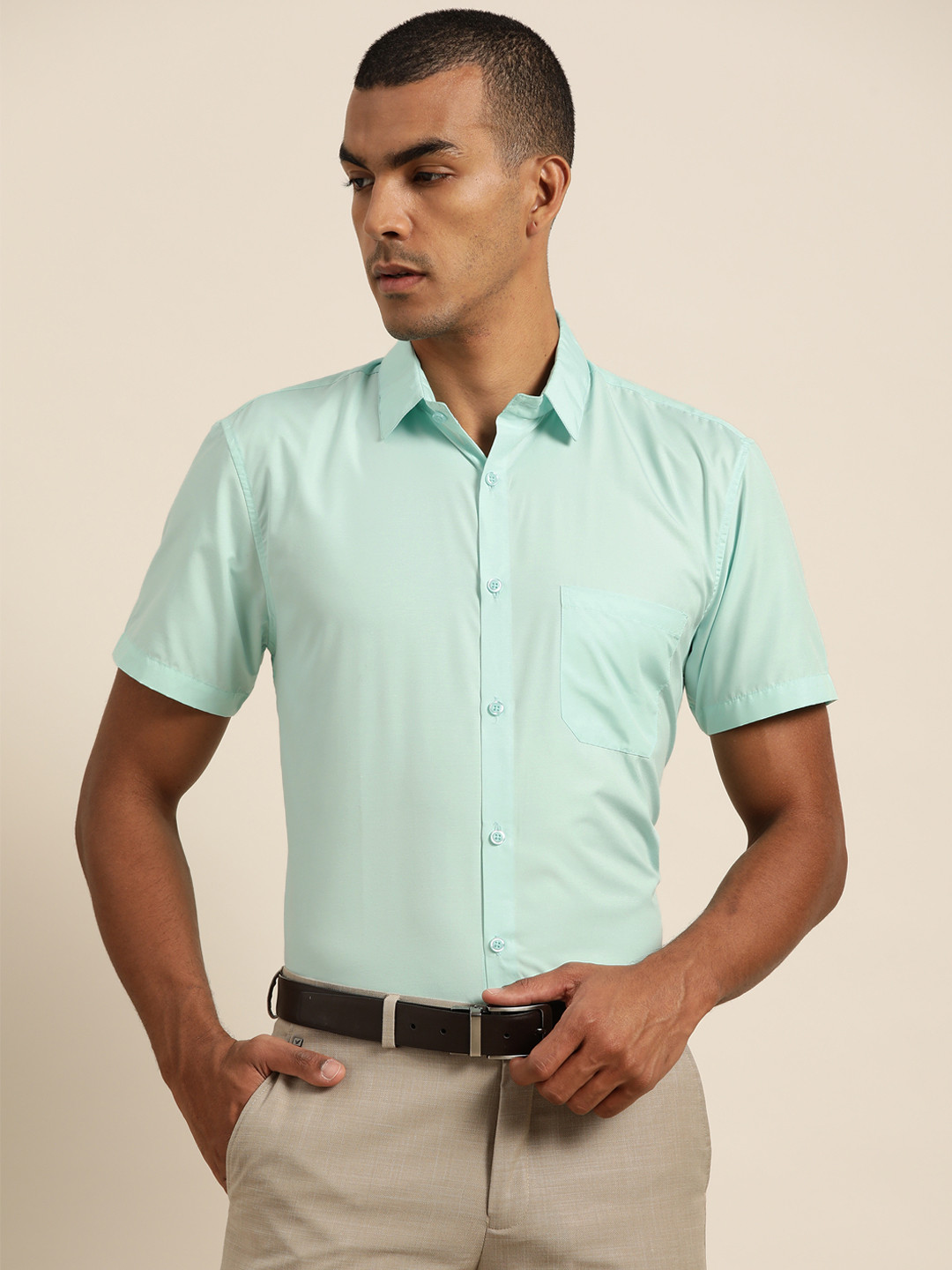 SOJANYA Men Green Solid Classic Fit Cotton Formal Shirt