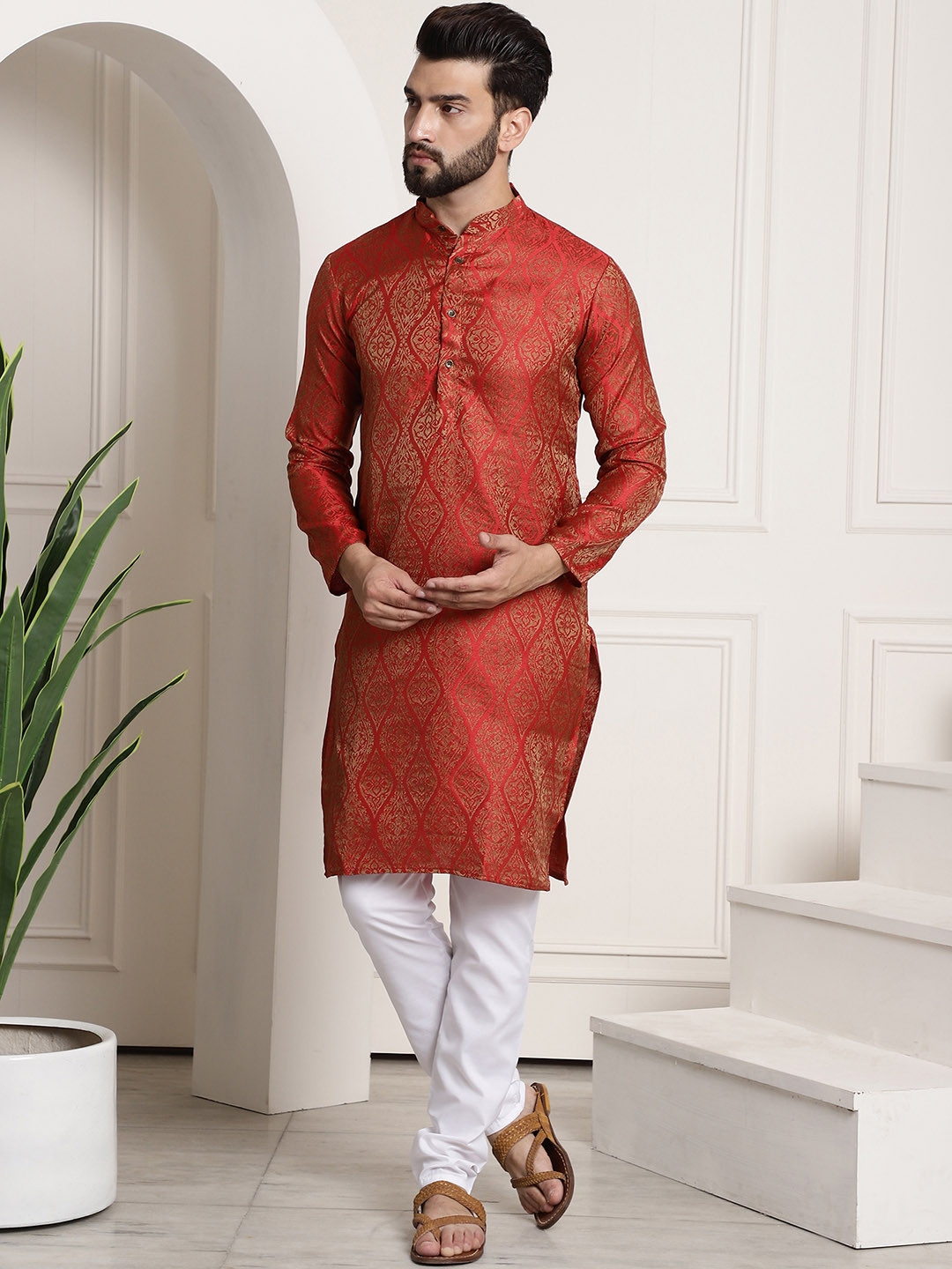 SOJANYA Men Rust Red & Off-White Woven Design Kurta with Churidar