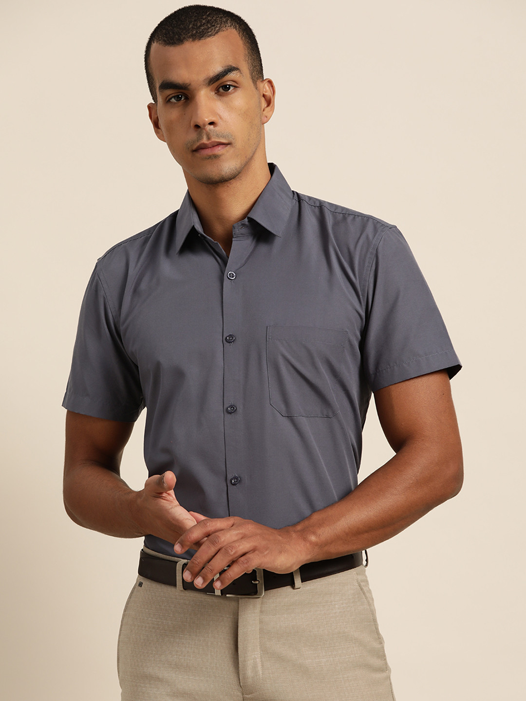 SOJANYA Men Grey Solid Classic Fit Cotton Formal Shirt