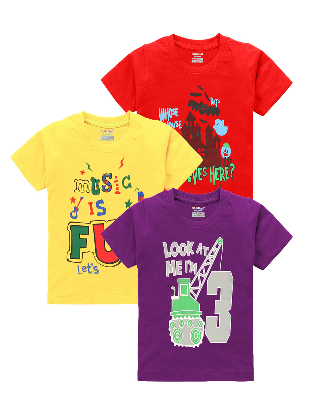 Kiddeo Boys Pack Of 3 Printed Round Neck Pure Cotton T-shirts