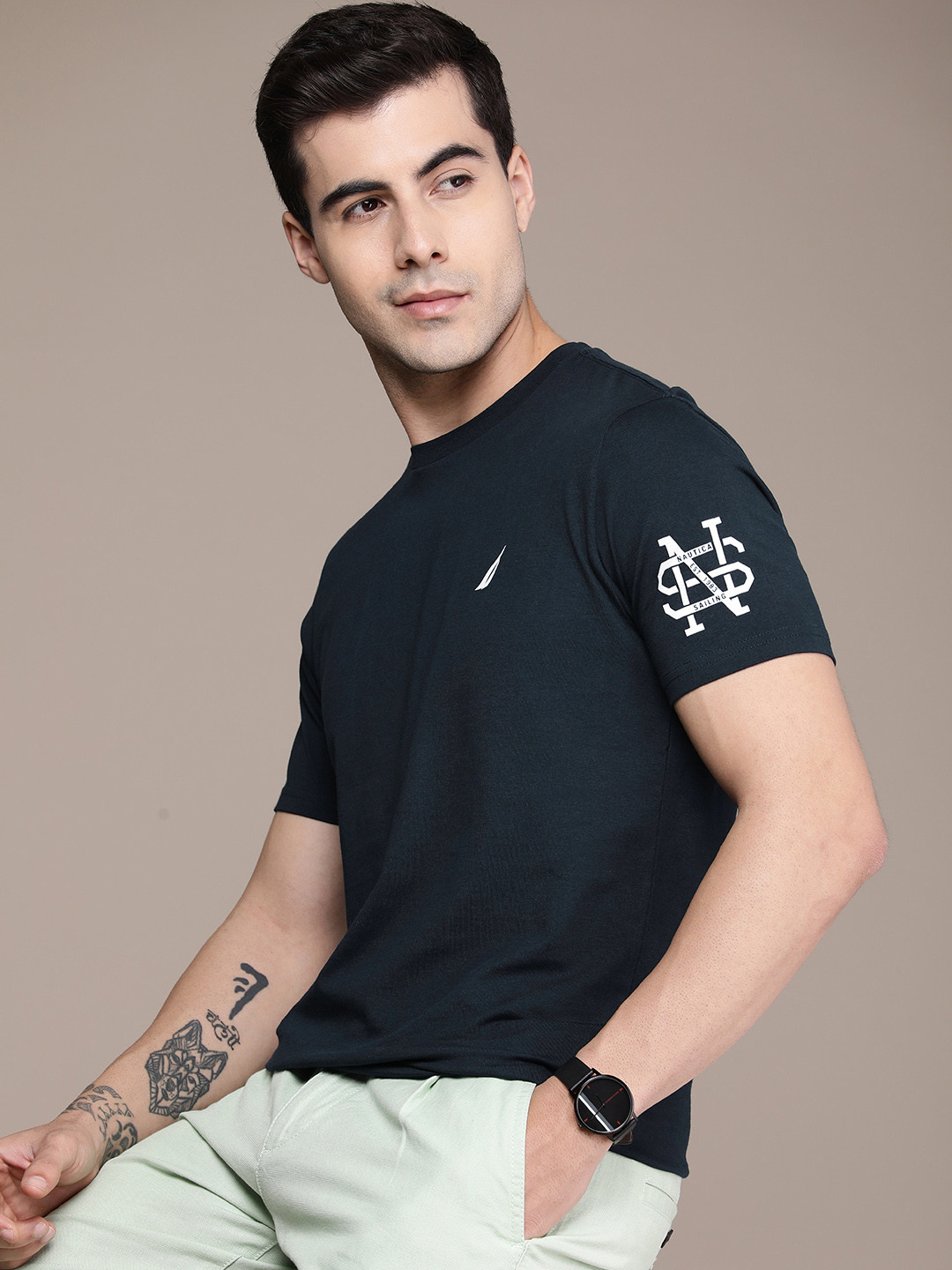 Nautica Men Navy Blue Printed Pure Cotton T-shirt