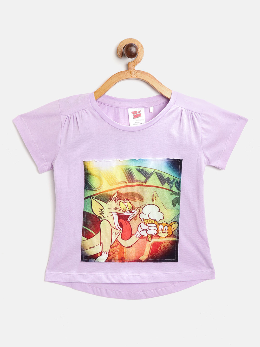 toothless Girls Lavender & Yellow Tom and Jerry Print Round Neck Pure Cotton T-shirt