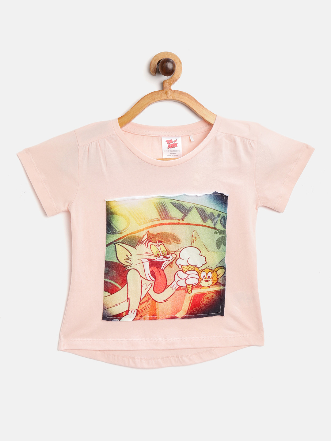 toothless Girls Peach-Coloured  Yellow Tom and Jerry Print Round Neck Pure Cotton T-shirt