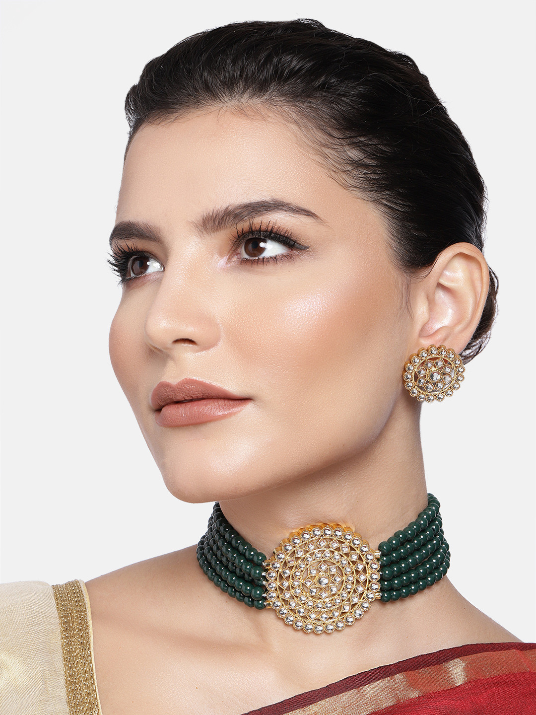 Peora Green Gold-Plated Beaded Kundan Traditional Jewellery Set