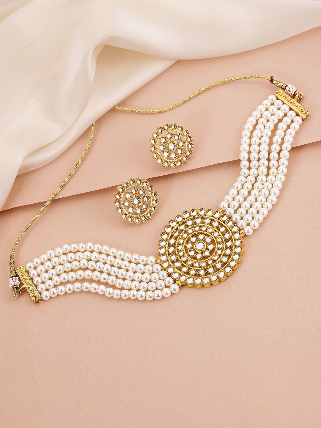 Peora White Gold-Plated Beaded Kundan Jewellery Set