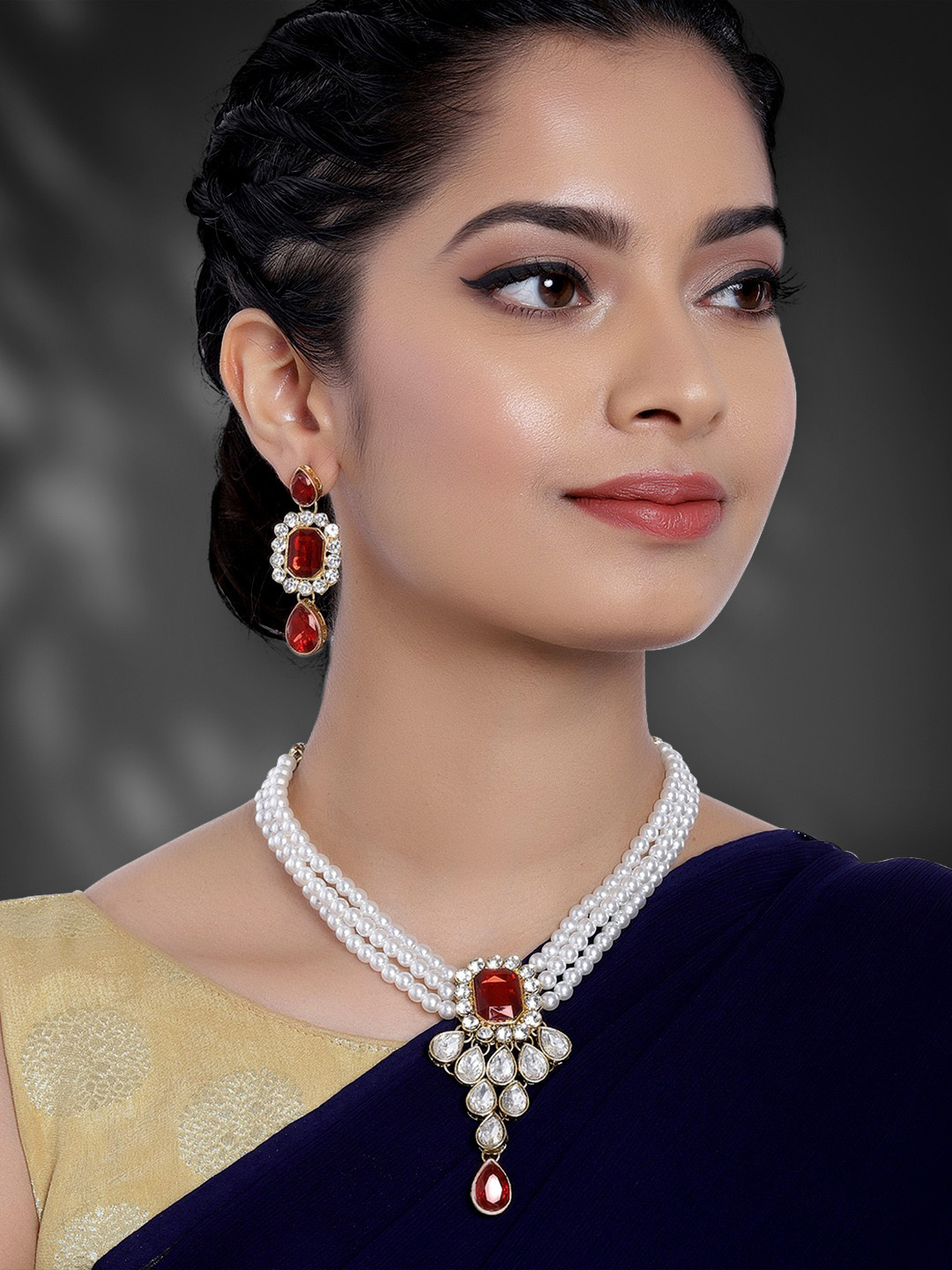 Peora White & Maroon Gold-Plated Crystal Studded Handcrafted Jewellery Set