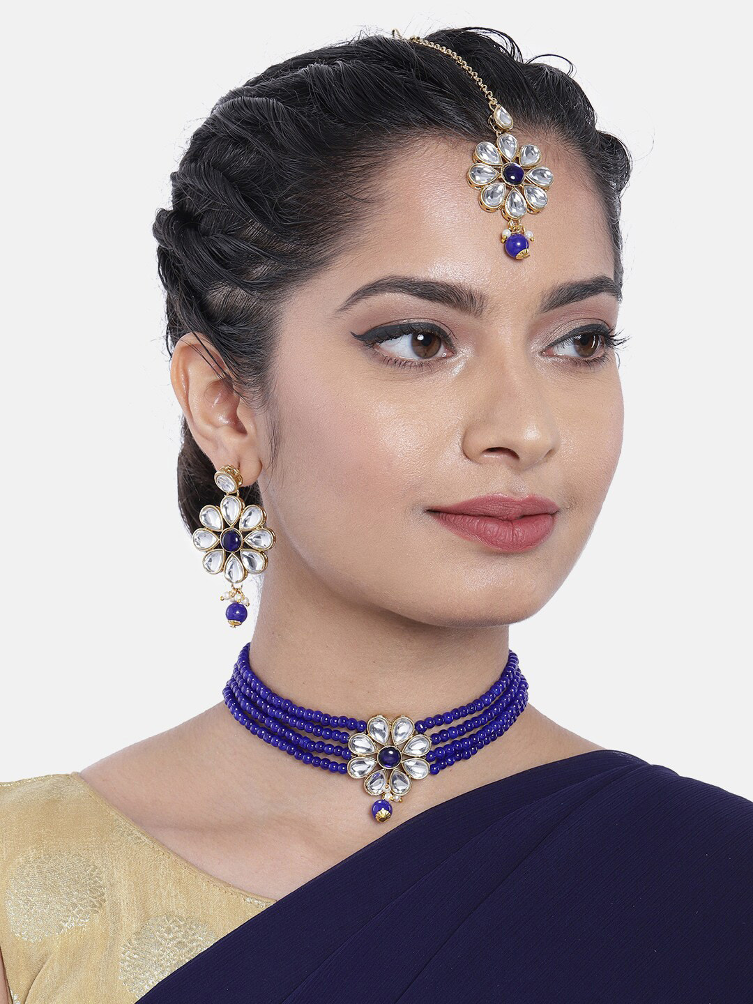 Peora Blue & White Gold-Plated Kundan-Studded Pearl Handcrafted Jewellery Set