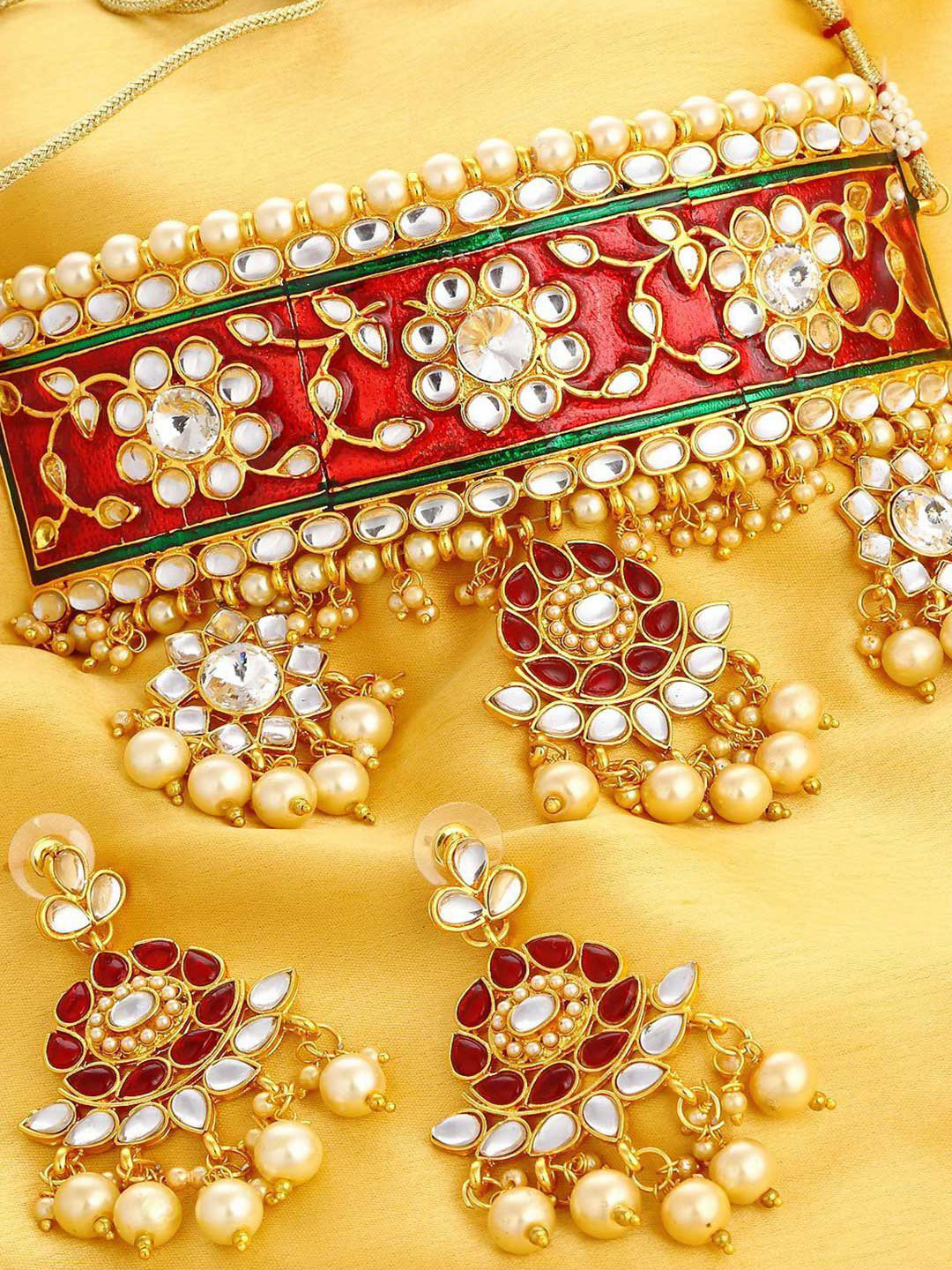 Peora Gold-Plated & Red Meenakari Jewellery Set