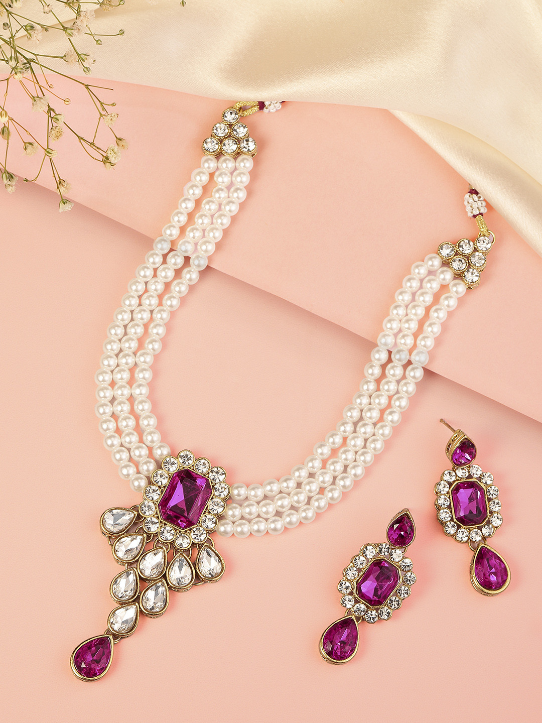Peora White & Magenta Crystal Pearl Gold Plated Jadau Jewellery Set